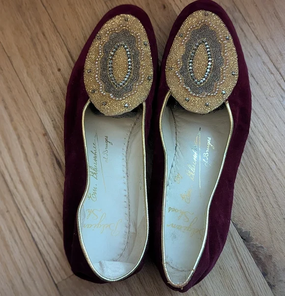 Bourbon St New Orleans Burgundy Velvet Beaded Medallion Flats Women’s Size 7.5B - Picture 2 of 5